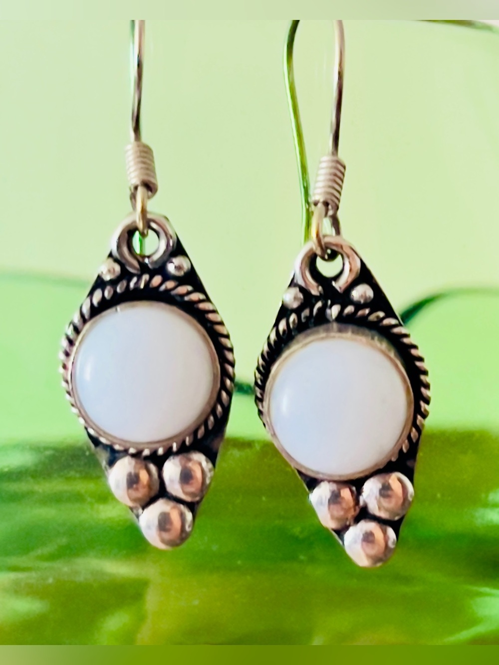 VTG NWOT Sterling Silver Fluorescent Moonstone Drop Earrings Boho Heavy 14g